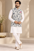 Aurelian Ivory & Navy Blue Floral Nehru Jacket for Men