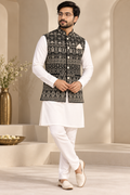 Aurelian Black & Beige Ethnic Printed Nehru Jacket