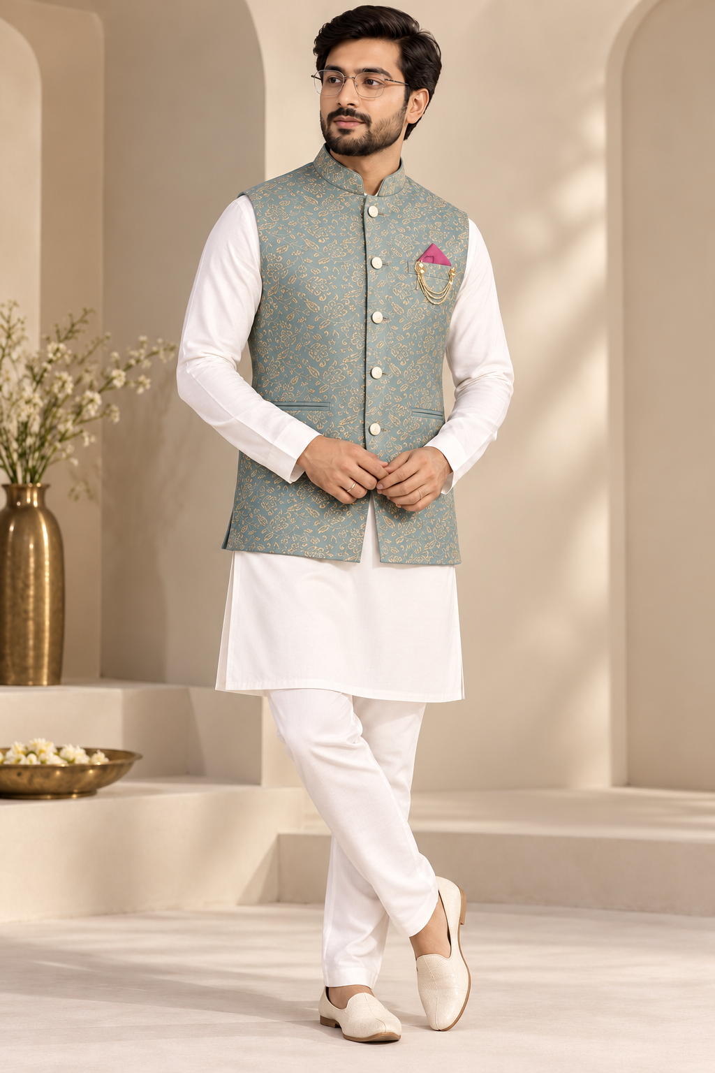 Aurelian Sage Brocade Nehru Jacket