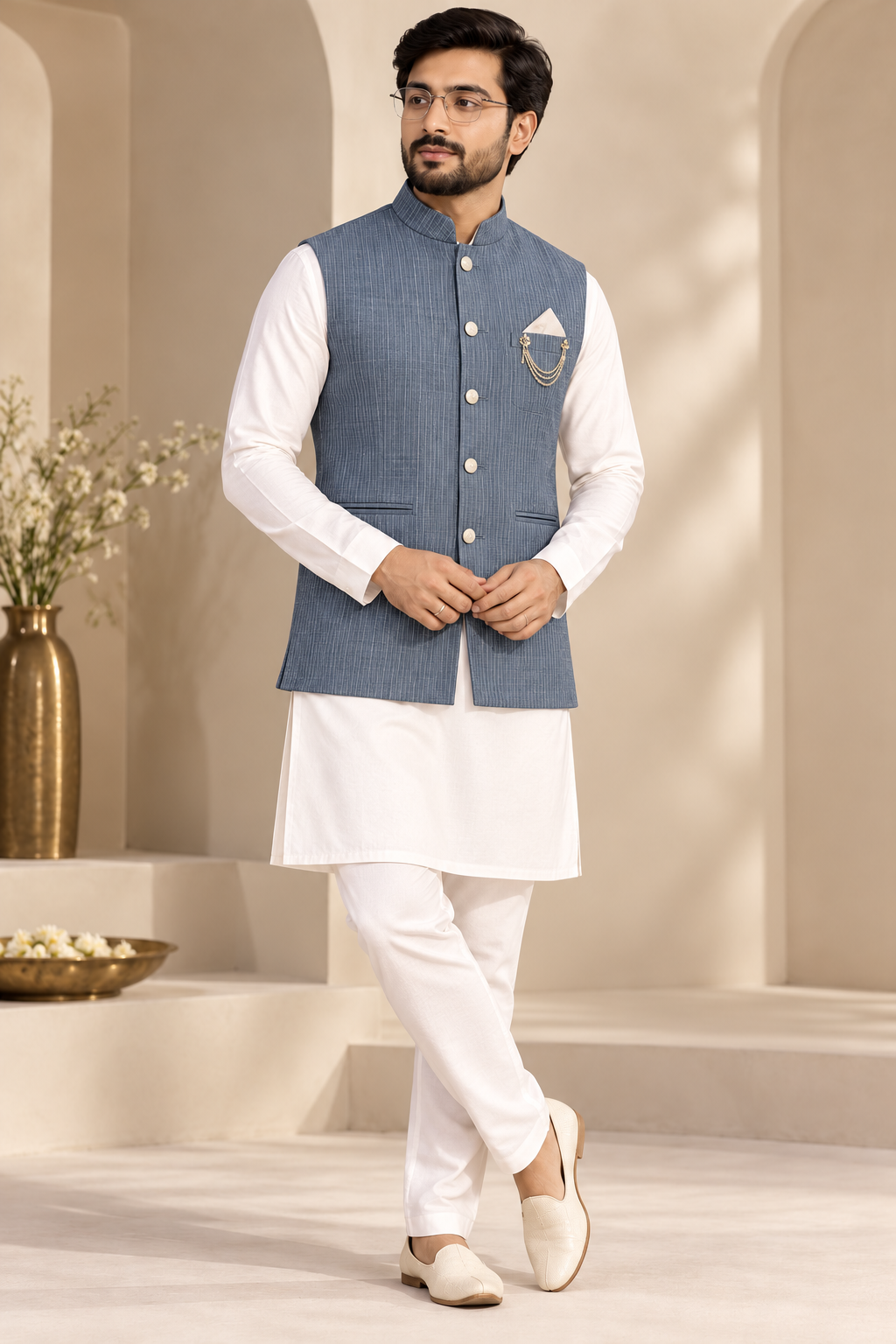 Aurelian Slate Blue Textured Nehru Jacket for Men